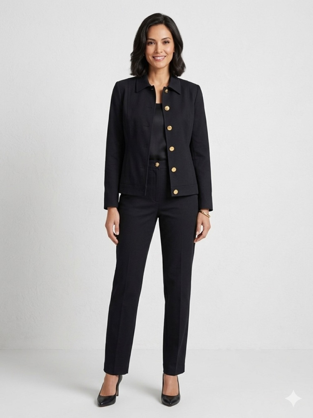 Vintage St. John Sport by Marie Gray Black Pants Suit Classic Gold Buttons 12